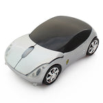 Wireless car mouse, silver toy-car style with black top and chrome wheel details