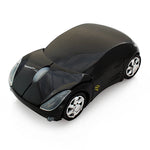 Wireless car mouse, black toy-car style with dark top and chrome wheel details