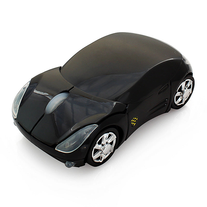 Wireless car mouse, black toy-car style with dark top and chrome wheel details