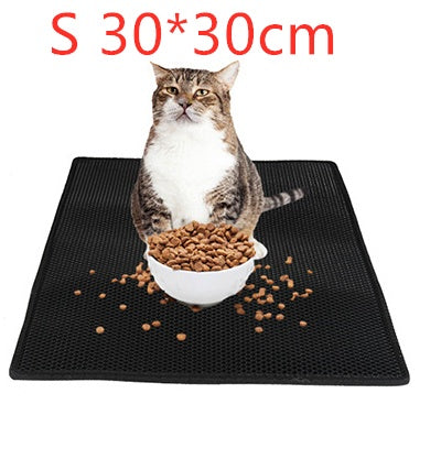Waterproof cat litter pad, black honeycomb texture with tabby cat and bowl of food