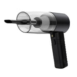 Handheld dual-use vacuum cleaner with clear dust chamber, black handle, and crevice nozzle