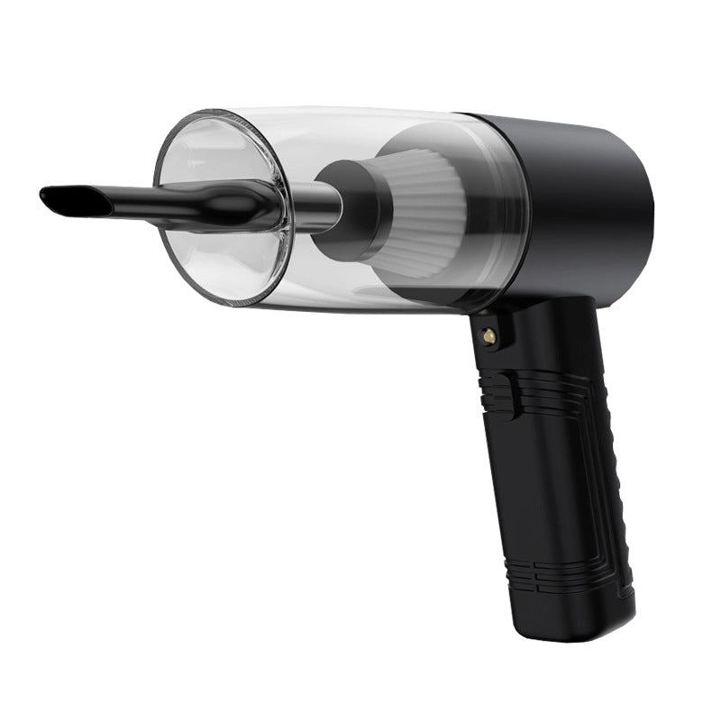 Handheld dual-use vacuum cleaner with clear dust chamber, black handle, and crevice nozzle