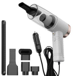 White handheld vacuum cleaner with clear dust chamber and multiple cleaning tool attachments