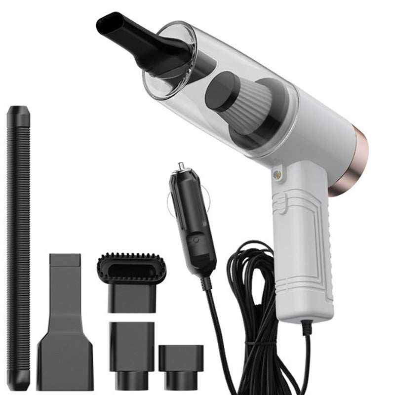 White handheld vacuum cleaner with clear dust chamber and multiple cleaning tool attachments