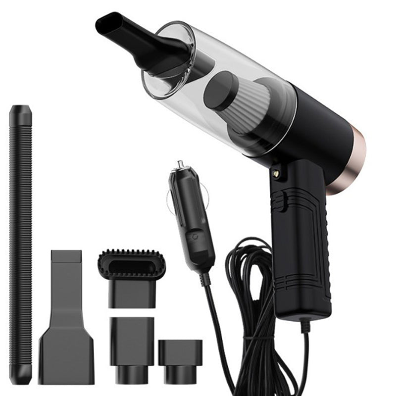 Handheld dual-use vacuum cleaner with clear dust chamber and accessory nozzles and hose
