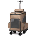 Khaki pet carrier trolley backpack with mesh window and side pouch, shown in 3/4 view.