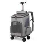 Light grey pet carrier trolley backpack with front mesh door, side pocket, and rolling wheels.
