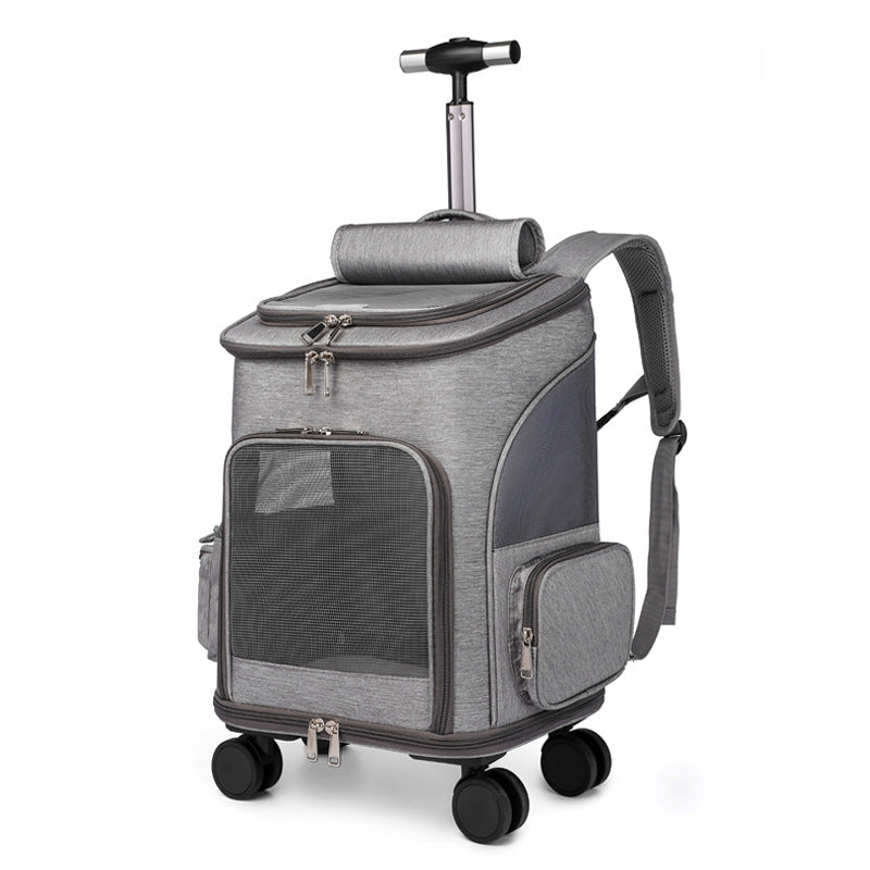 Light grey pet carrier trolley backpack with front mesh door, side pocket, and rolling wheels.