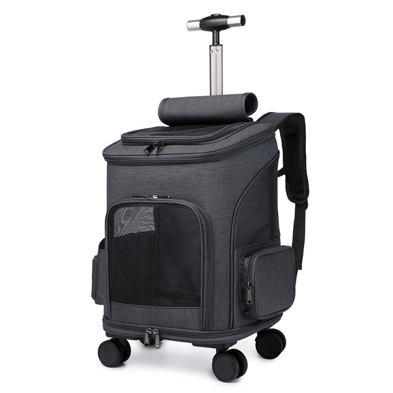 Dark grey pet carrier trolley backpack with mesh panels, side storage pouch, and rolling wheels.