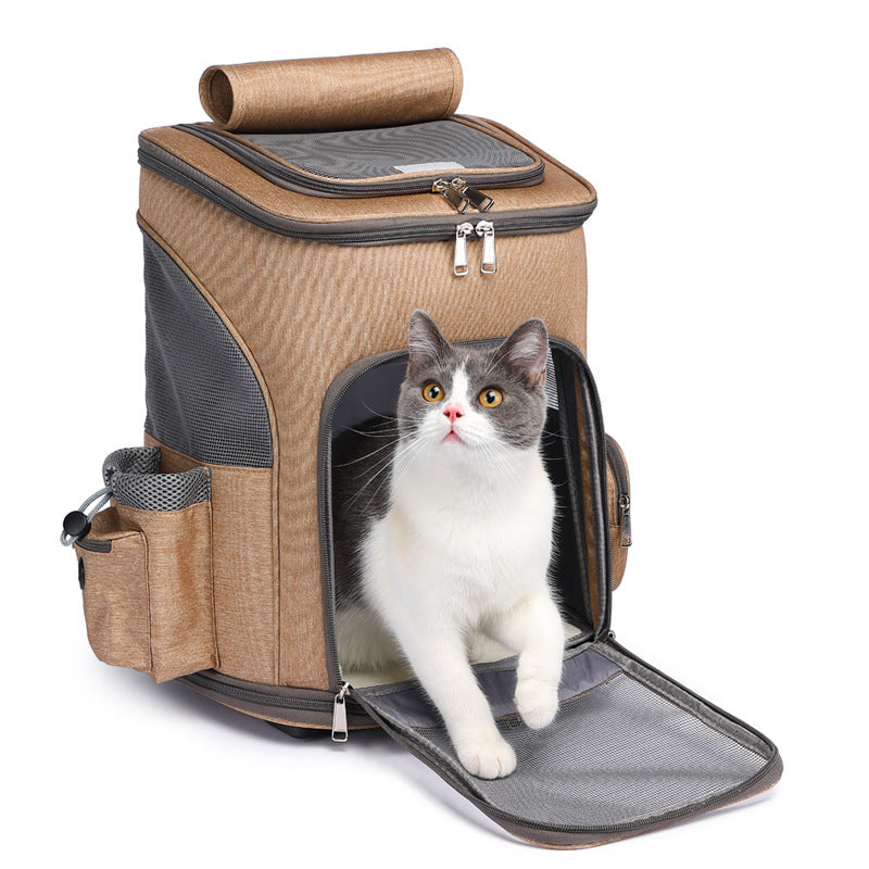 Khaki pet carrier trolley backpack with front mesh door and open foldable base mat.