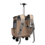 Khaki pet carrier trolley backpack with shoulder straps, rear view, and rolling wheels.