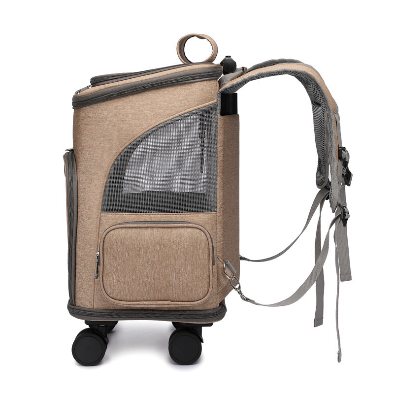 Khaki pet carrier trolley backpack with mesh side window, front zip pocket, and rolling base.