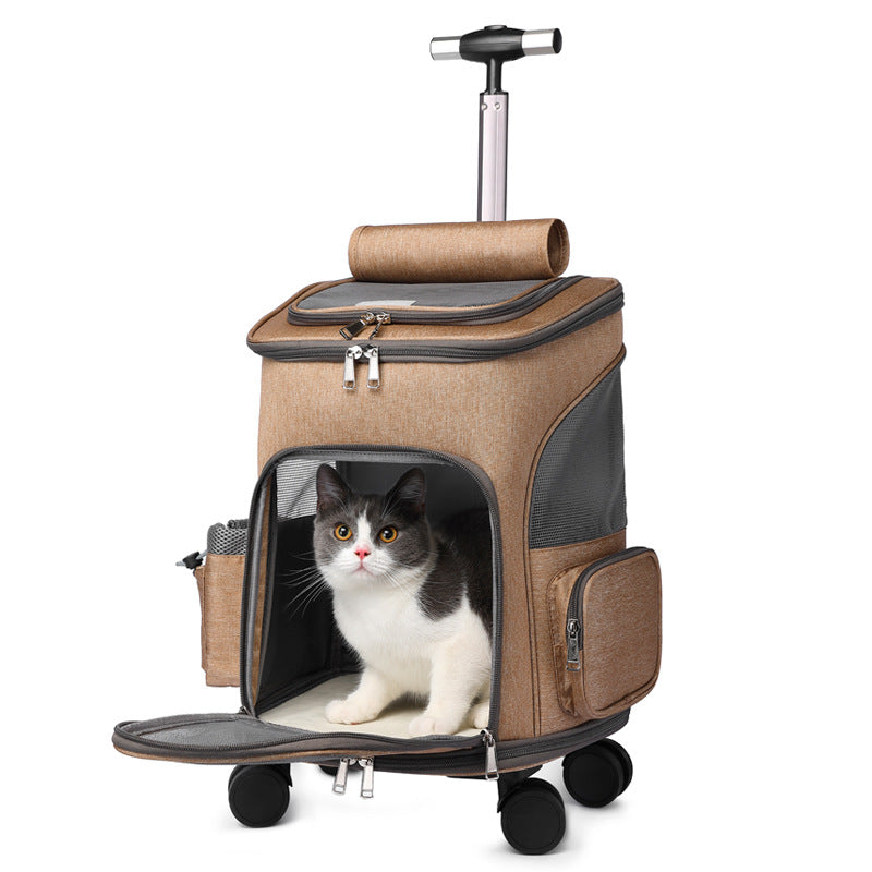 Khaki pet carrier trolley backpack with front mesh window and rolling wheels; cat facing out.