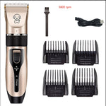 Rechargeable pet hair clipper kit with comb guards and black charging cable