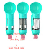 Three teal pet water bottle feeders with attached waste bag holders and cups