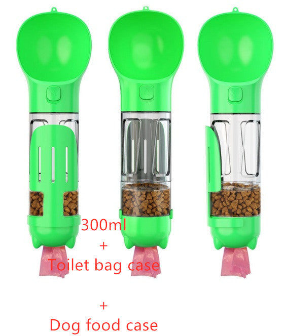 Green portable pet water bottle feeder with transparent food chamber and waste bag holder