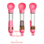 Three pink pet water bottle feeders with snack chambers and attached waste bag holders