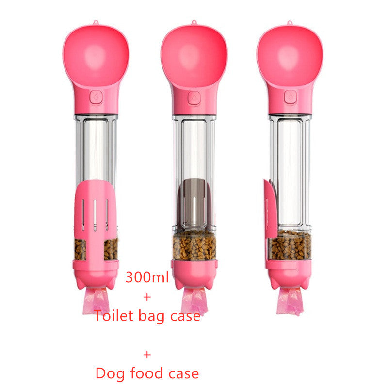 Three pink pet water bottle feeders with snack chambers and attached waste bag holders
