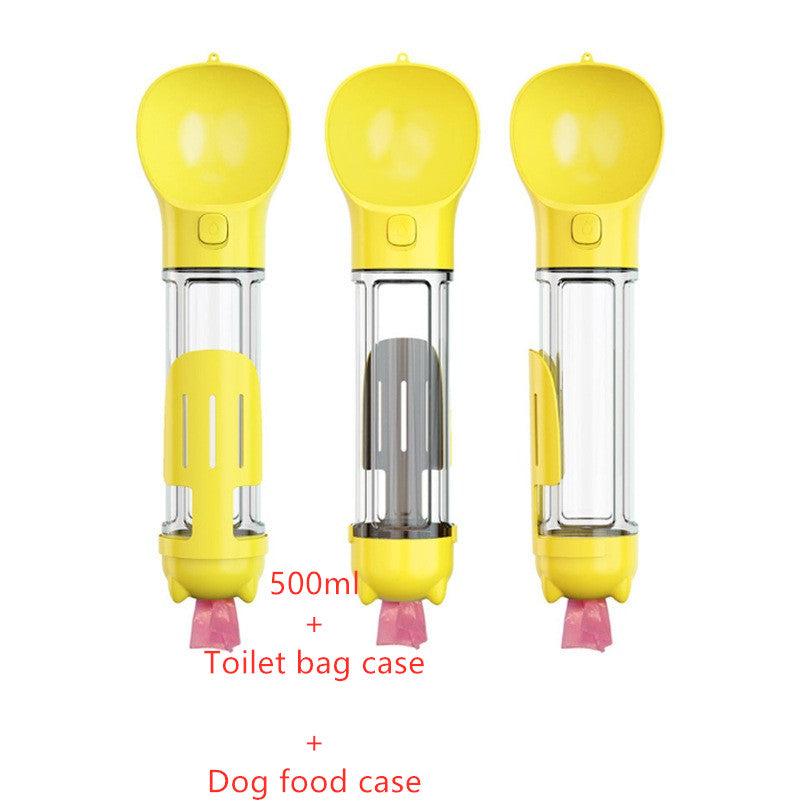 Yellow portable pet water bottle feeder with transparent food chamber and waste bag holder