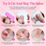 Press-on nail application guide showing step photos on fingers and nail file