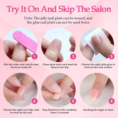 Press-on nail application guide showing step photos on fingers and nail file
