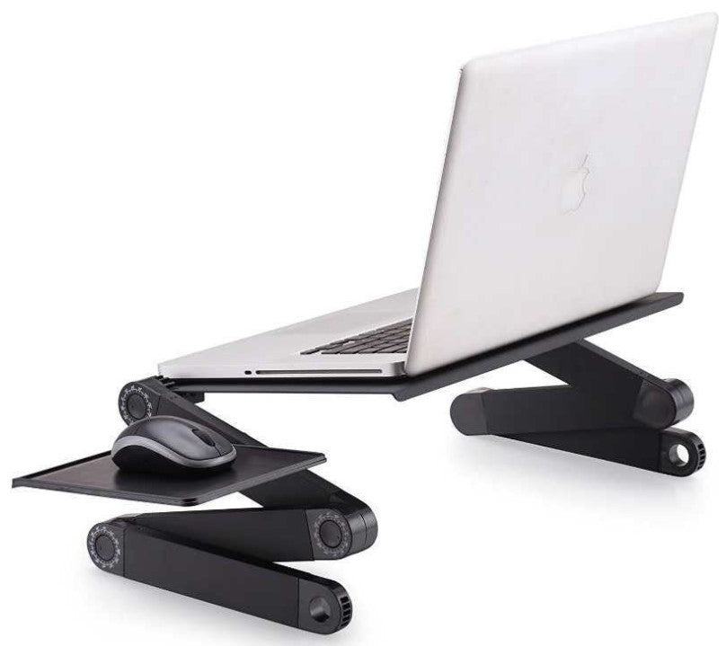 Adjustable bed laptop desk with extended tray and hinged base, plus mouse pad