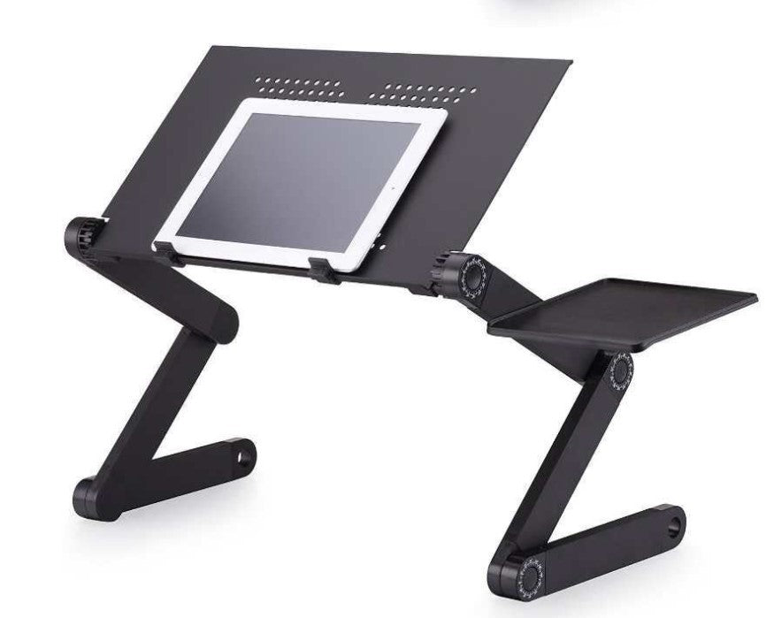 Adjustable bed laptop desk with raised tablet/laptop frame and side support trays