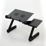 Adjustable bed laptop desk with vented surface and two fan-style circular openings