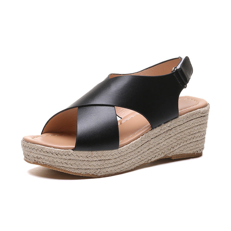 Open-toe wedge sandals with wide crisscross straps and buckle, black PU with tan espadrille sole