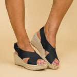 Open-toe wedge sandals with crisscross straps and buckle, black PU with tan espadrille sole