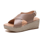 Open-toe wedge sandals with wide strap and buckle, beige PU with tan espadrille sole