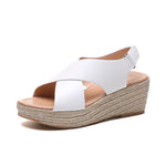Open-toe wedge sandals with single wide strap and buckle, white PU with tan espadrille sole