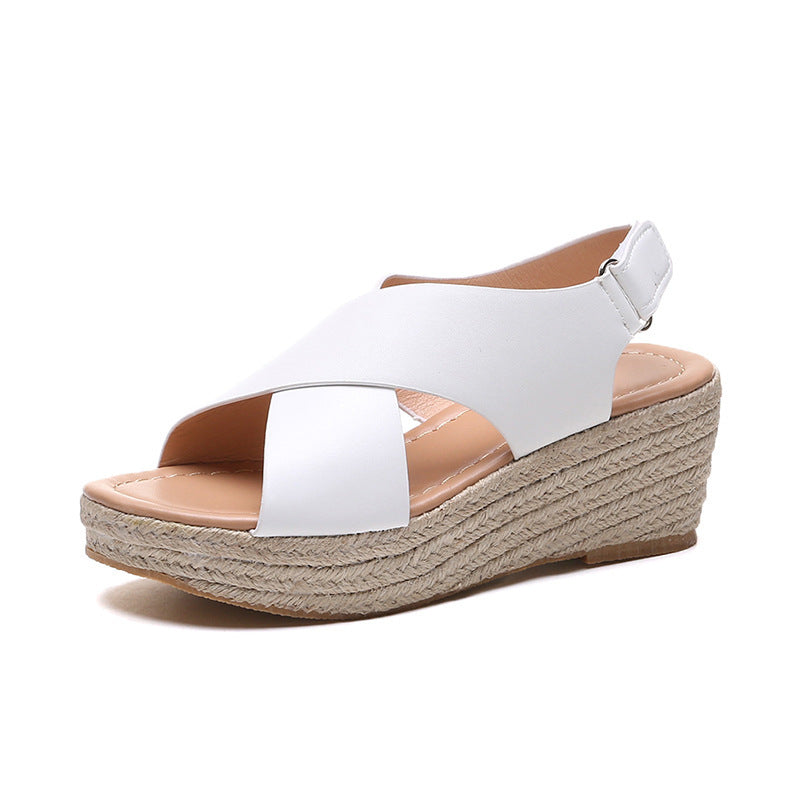Open-toe wedge sandals with single wide strap and buckle, white PU with tan espadrille sole