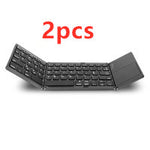 Two foldable Bluetooth keyboards with dark keys and trackpad panels