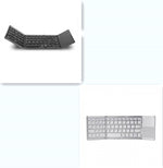 Foldable Bluetooth keyboard shown from multiple angles, dark keys visible