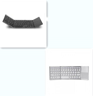 Foldable Bluetooth keyboard shown from multiple angles, dark keys visible