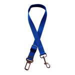 Adjustable pet car seat belt strap with blue buckle and metal clip