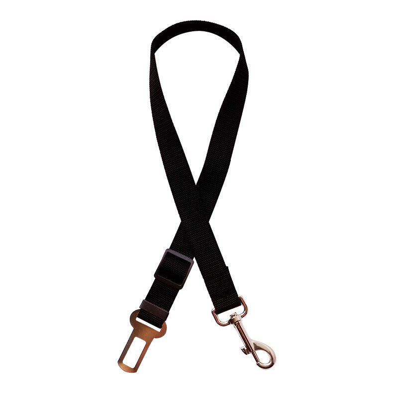 Adjustable pet car seat belt with black strap, brown plastic buckle, and metal safety hook