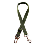 Adjustable pet car seat belt strap in dark green with metal buckle and clip