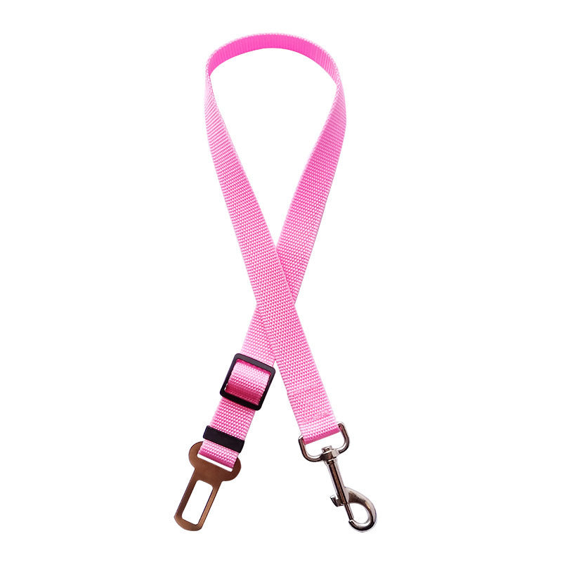 Adjustable pet car seat belt with pink strap, brown plastic buckle, and metal safety hook