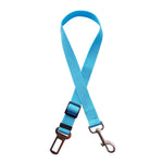 Adjustable pet car seat belt with sky blue strap, brown plastic buckle, and metal safety hook