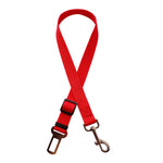 Adjustable pet car seat belt strap with red buckle and metal clip