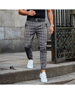 Men's plaid casual trousers in medium gray, belt loops, front button closure
