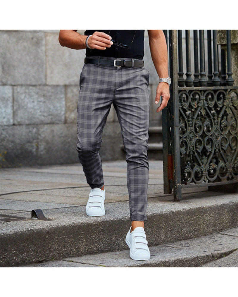Men's plaid casual trousers in medium gray, belt loops, front button closure