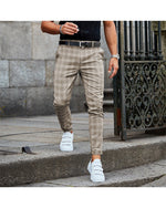 Men's plaid casual trousers in khaki, front button closure and tapered leg
