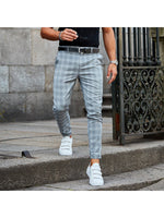 Men's plaid casual trousers in light blue-gray, button waistband and tapered leg