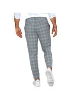 Men's plaid casual trousers in light gray, slim tapered leg, button waistband