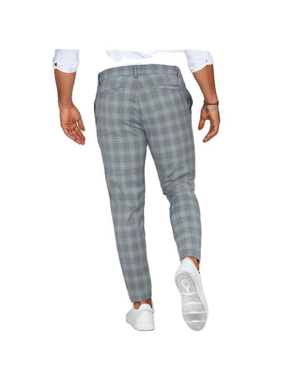 Men's plaid casual trousers in light gray, slim tapered leg, button waistband