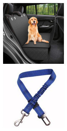 Dog car seat cover hammock with blue safety strap; matching blue leash tie feature