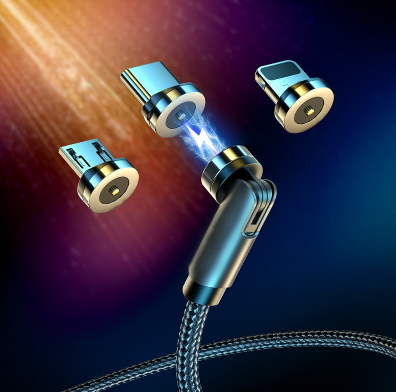 Charging cable with magnetic connector and rotating adapters, braided black cord